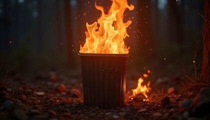 Obraz premium Burning Trash Can in the Dark Forest