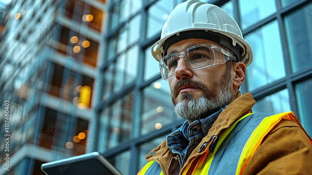 Poster construction worker in safety gear evaluating building site with focused expression in urban setting