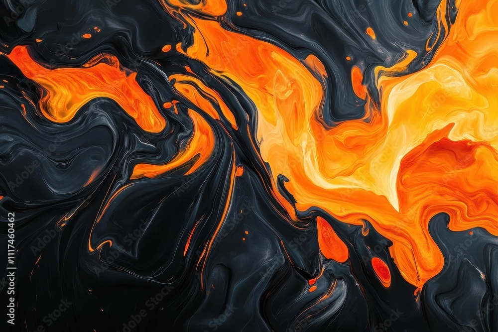 Wall mural abstract swirling patterns of black and orange create a dynamic visual effect.