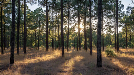 Naklejka premium Sunlit Pine Forest at Sunset: Golden Hour in a Coniferous Wood