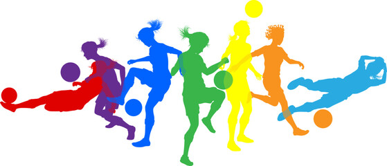 Silhouette women soccer female football player set. Active sports people healthy players fitness silhouettes concept.