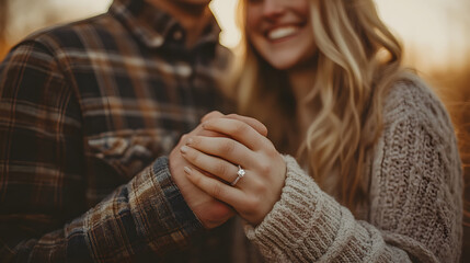 Joyful couple holding hands engagement ring