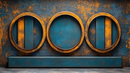 Three rusty blue and orange metal circles on a textured wall with a platform.