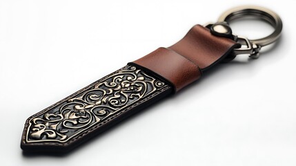 Ornate Leather Keychain with Golden Design