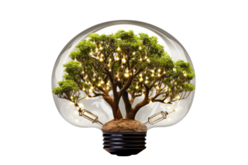 A lightbulb-shaped tree growing from the earth with sunlight cast on the soil visualizing the concept of green energy and renewable resources