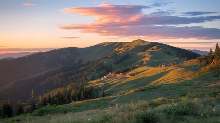 Capture a vast mountain landscape bathed in the warm glow of the golden hour, with soft sunlight illuminating the peaks and casting long shadows across a forest below.

