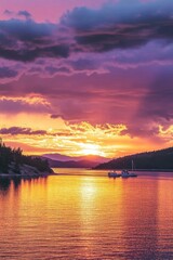 Obraz premium A serene sunset over a calm lake, reflecting vibrant colors in the sky.