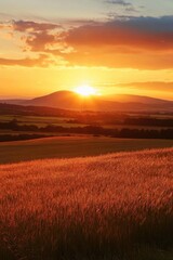 A serene sunset over a golden field and distant hills.