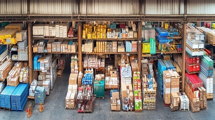 High Angle View of Full Warehouse Inventory Storage Logistics Supply Chain Boxes Products Shelves