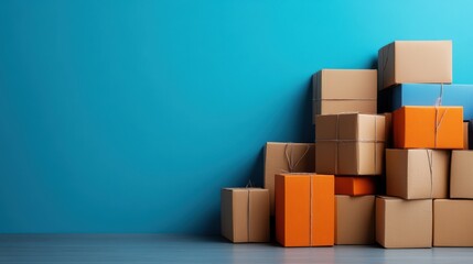 Obraz premium Diverse Collection of Colorful Cardboard Boxes Stacked Against a Vibrant Blue Wall Creating a Minimalist and Modern Warehouse Background for Creative Projects