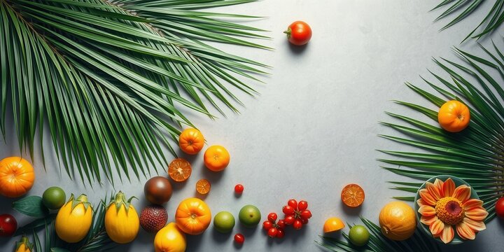 A vibrant composition of tropical fruit and foliage on a gray background with a soft, natural light