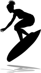 Surfer surfboard boarding female surfer surfing silhouette outline. Woman surf pose design concept.