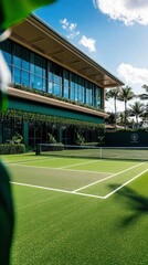 Obraz premium A tennis court with a modern building and tropical landscaping.