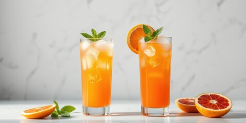 Fototapeta premium Two Glasses of Refreshing Citrus Cocktails with Ice and Orange Slices on a White Background