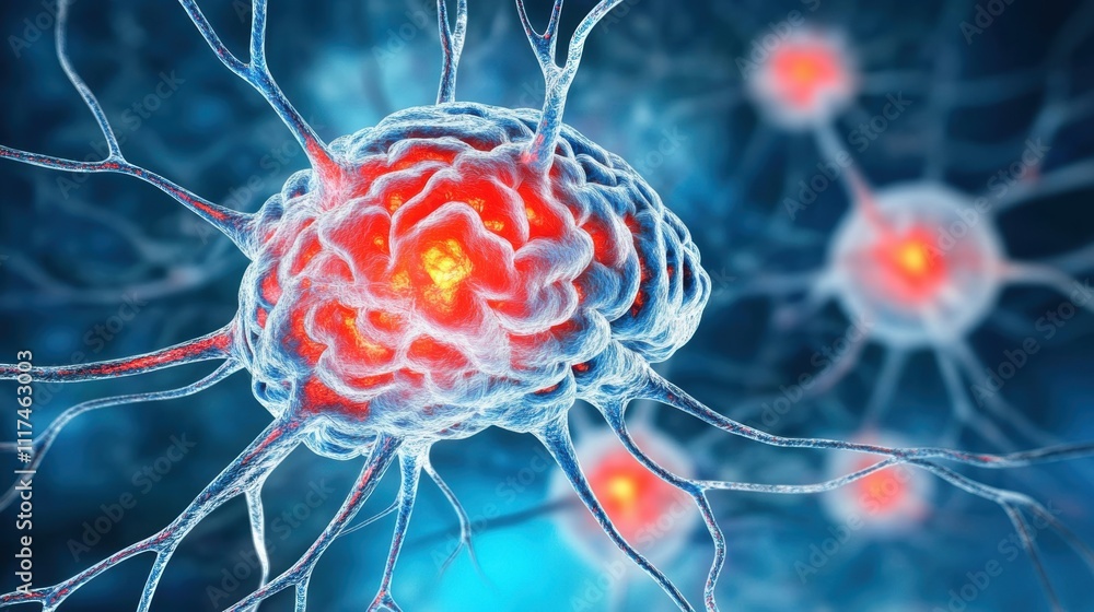 Poster 3d-rendered image showing neural cells with glowing red cores and intricate networks on a blue backg
