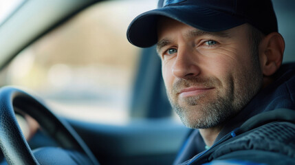 Caucasian male driver in a car, wearing a cap, with a confident and calm expression as he looks out the window. Soft lighting enhances the relaxed mood.