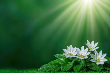 Bright white flowers with dew on green leaves, illuminated by sunlight