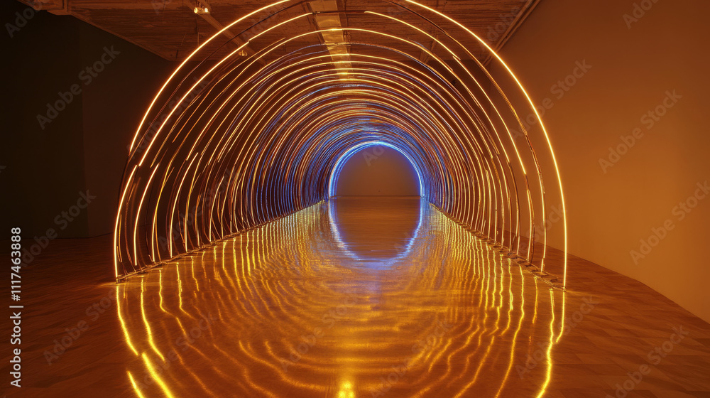 Poster sci fy neon glowing lines in a dark tunnel. reflections on the floor and ceiling. empty background i