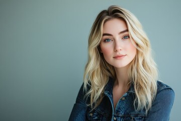 Naklejka premium Portrait of a Young Woman with Wavy Hair Against a Soft Blue Background