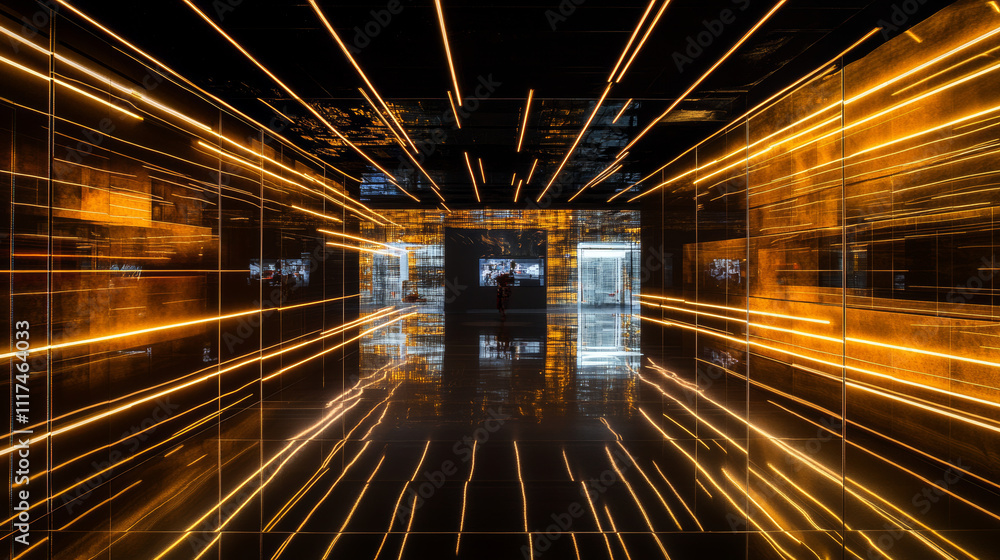 Poster sci fy neon glowing lines in a dark tunnel. reflections on the floor and ceiling. empty background i