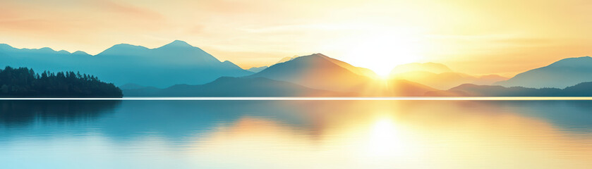 tranquil lakeside view with calm waters reflecting mountains and sunset