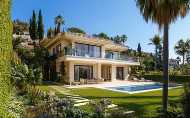 Fototapeta premium Stunning seaside villa with breathtaking ocean views, offering a luxurious and peaceful retreat, ideal for a seaside hotel or guesthouse experience.