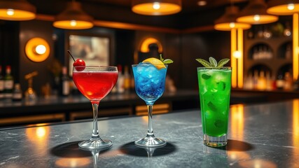 Three refreshing cocktails on a bar countertop, illuminated by warm light, capturing the essence of a lively evening