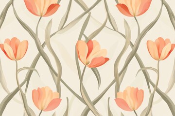 Obraz premium Elegant Tulip Trellis Pattern Featuring Delicate Flowers and Graceful Greenery for Versatile Design Applications in Textiles and Home Decor