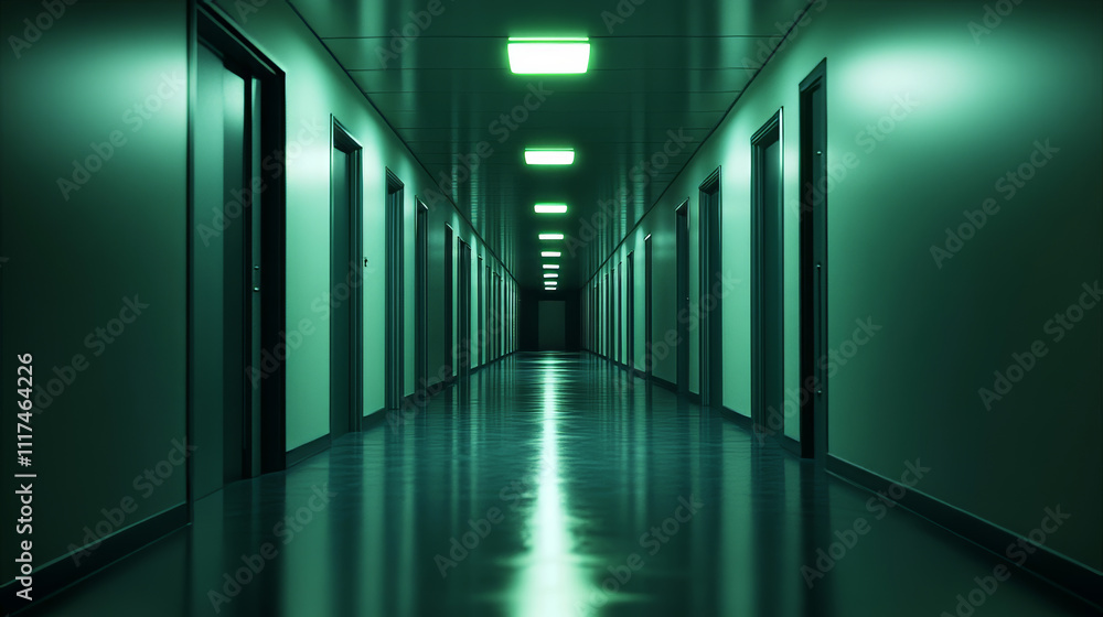 Aufkleber sci fy neon glowing lamps in a dark corridor. reflections on the floor and walls. empty background i