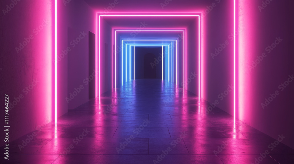 Poster sci fy neon glowing lamps in a dark corridor. reflections on the floor and walls. empty background i