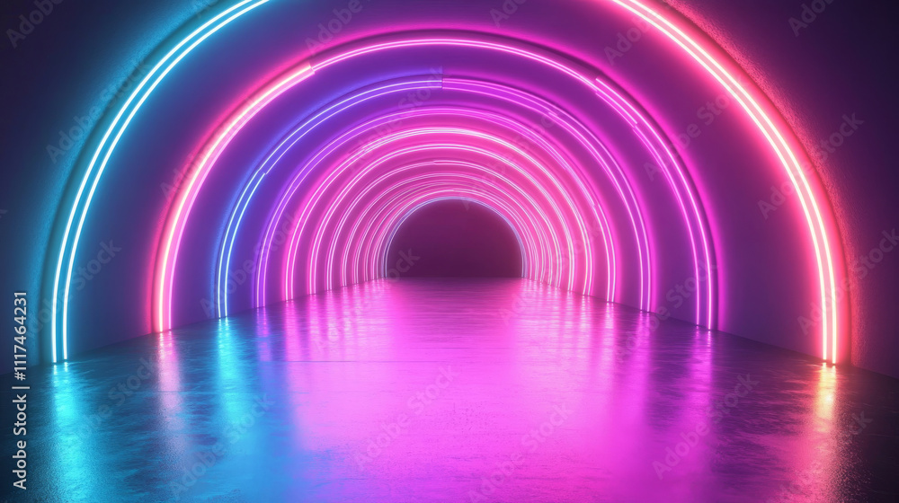 Poster sci fy neon glowing lines in a dark tunnel. reflections on the floor and ceiling. empty background i
