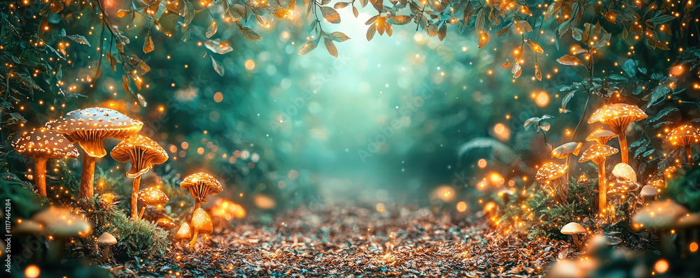 Poster enchanting forest path lined with glowing mushrooms and soft, ethereal light.