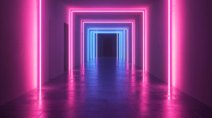 Sci Fy neon glowing lamps in a dark corridor. Reflections on the floor and walls. Empty background in the center. 3d rendering image. Techology futuristic background.