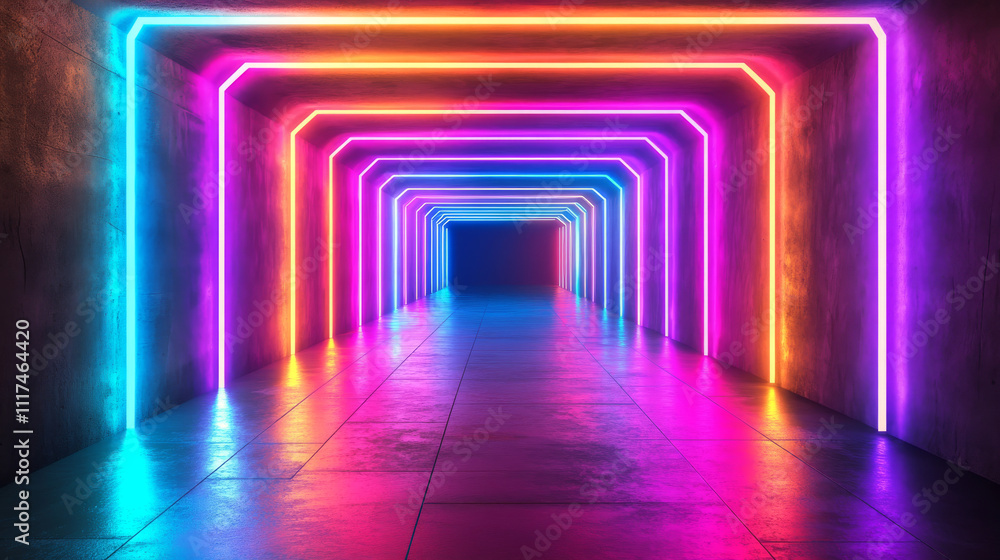 Poster sci fy neon glowing lines in a dark tunnel. reflections on the floor and ceiling. empty background i