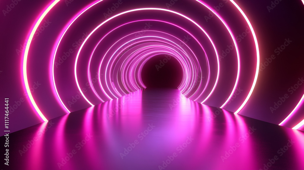 Poster sci fy neon glowing lines in a dark tunnel. reflections on the floor and ceiling. empty background i
