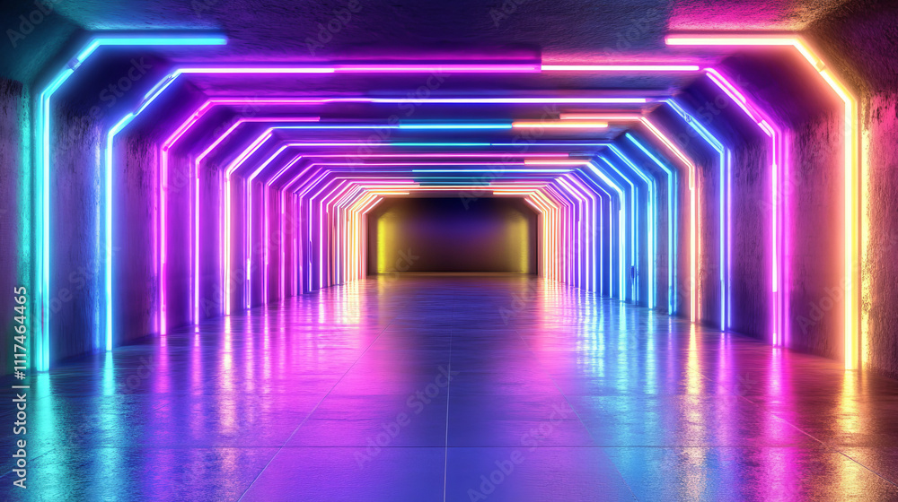 Poster sci fy neon glowing lines in a dark tunnel. reflections on the floor and ceiling. empty background i