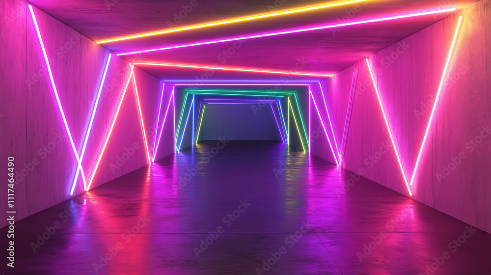 Poster sci fy neon glowing lines in a dark tunnel. reflections on the floor and ceiling. empty background i