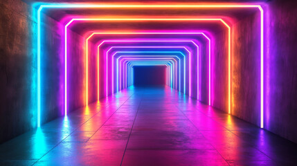 Sci Fy neon glowing lines in a dark tunnel. Reflections on the floor and ceiling. Empty background in the center. 3d rendering image. Abstract glowing lines. Techology futuristic background.