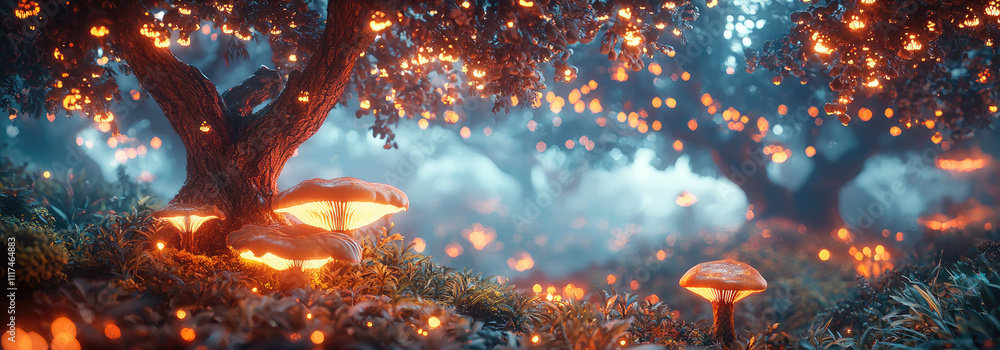 Poster enchanting forest scene with glowing mushrooms and magical atmosphere at twilight.