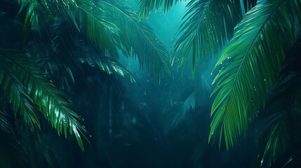 Lush Rainforest Palm Leaves in Rain Tropical Nature Background