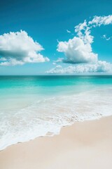 A serene beach scene with turquoise water and fluffy clouds.
