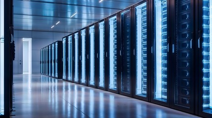 An ultra-modern data center filled with rows of sleek