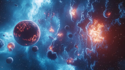 Blue outer space background with stars and nebula, neon glowing planets with orbit and falling asteroids. Cartoon vector illustration of cosmos bg with celestial bodies. Fantasy astronomy backdrop.