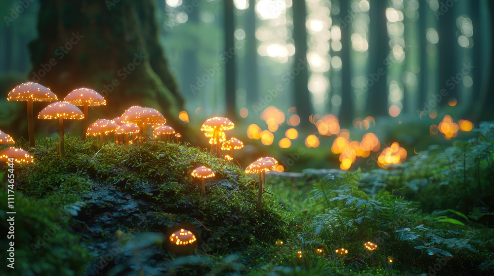Poster enchanting glowing mushrooms illuminate a serene forest floor at twilight.