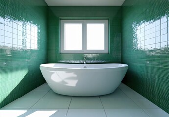 Bright green bathroom with a relaxing bathtub, adorned with a blank decorative painting on the wall, creating a serene and open atmosphere. The large window offers a stunning city skyline view, making