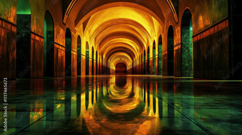 Aufkleber sci fy neon glowing lamps in a dark corridor. reflections on the floor and walls. empty background i