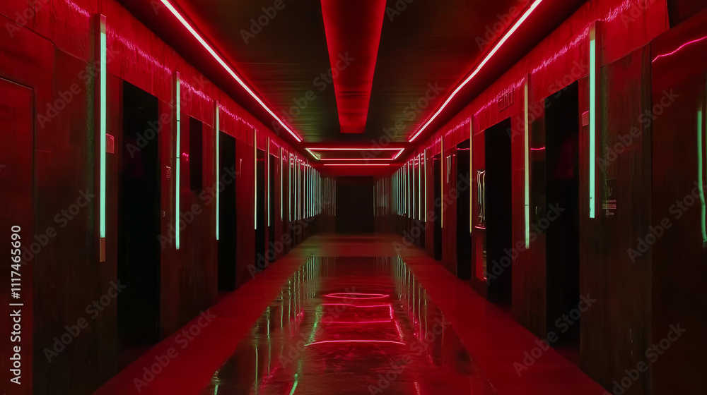 Aufkleber sci fy neon glowing lamps in a dark corridor. reflections on the floor and walls. empty background i