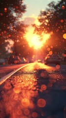 Enchanting glowing sunset casts a warm mystical reflection on the shimmering surface of a puddle along a serene winding forest path creating a tranquil atmospheric landscape  The vibrant