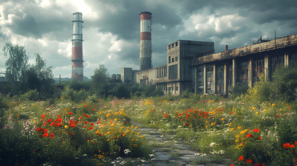 Obraz premium Abandoned industrial site overrun by wildflowers in a cloudy sky landscape