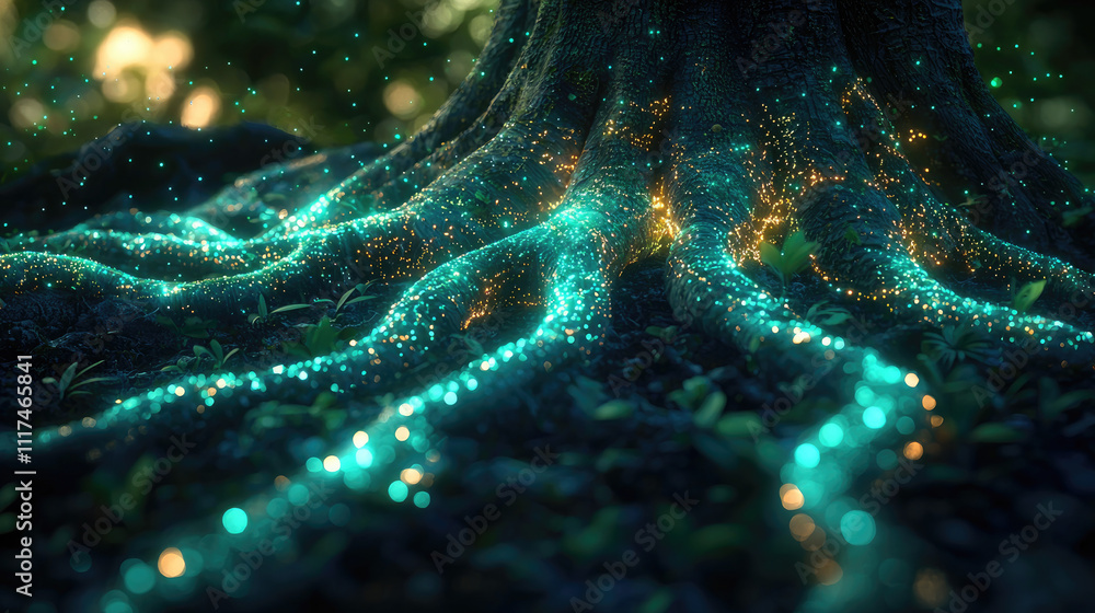 Poster Enchanting view of glowing roots extending through lush earth in a serene forest.